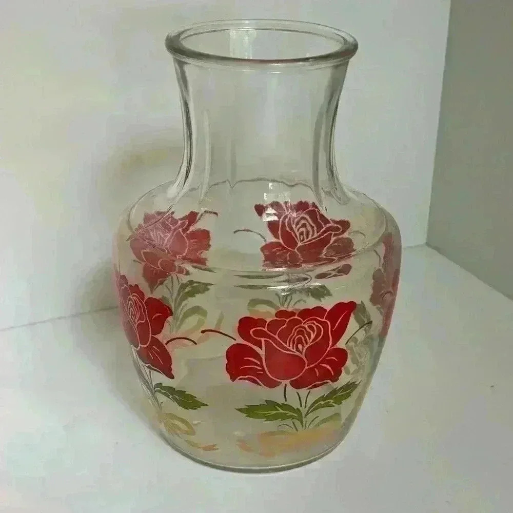 Vintage Anchor Hocking red roses carafe / juice pitcher